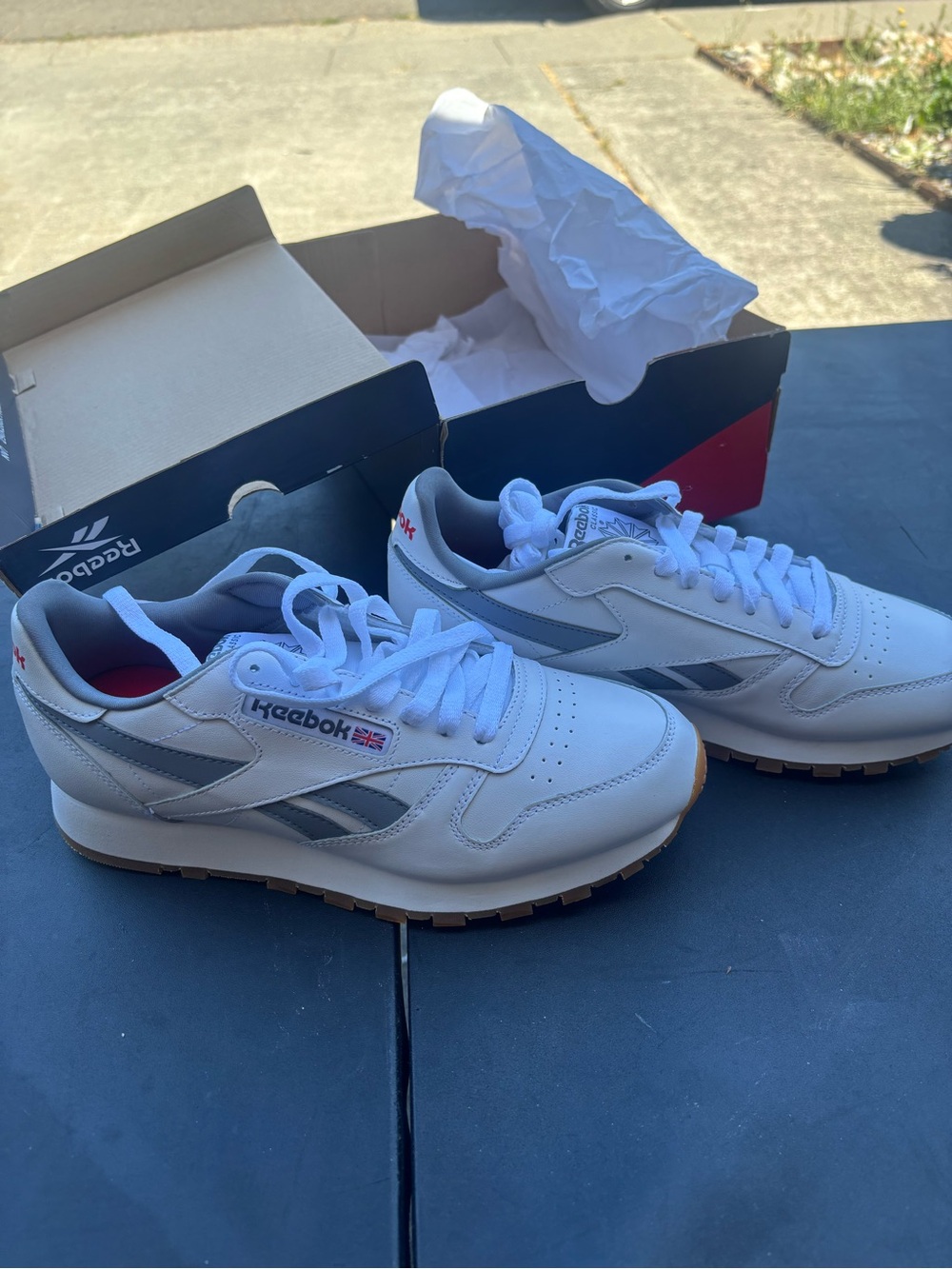Reebok White and Gray Classic Leather Athletic Sneakers